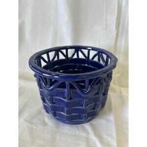 Vintage Blue Ceramic Woven Basket Planter Pot 5.5" Tall Decorative Home Accent